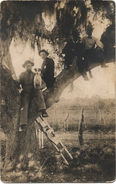 0004.jpg - Abraham Swartzendruber with Dog in a Tree in Texas; & with 3 other men.