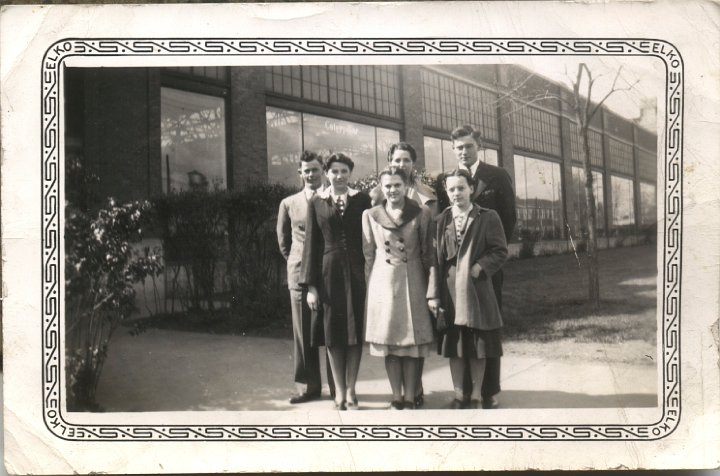 0123.jpg - Orval Miller, Aldine Eichelberger, Irene Reschly [front], Alice Eichelberger [back], Ray Roth, Edna Reschly.  1940c  Trip to Orie Miller's church in Peoria to sing.