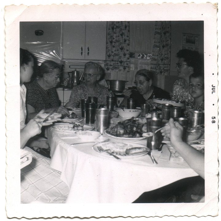 0159.jpg - Louise Reschly, Alta Gingerich, Ruth Schrock, Katie Reschly, Irene Pankoke, Eric Pankoke at Ralph Reschly's house 1958