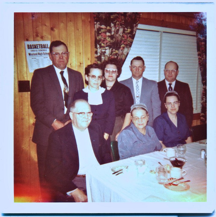 0205.jpg - William & Katie Reschly Family.    50th Wedding Anniv  1960c  back left:  Floyd, Edna Roth, Irene Pankoke, Ralph, Harold; seated left:  William, Katie, Ruth.    see #0322