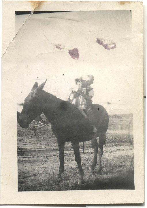 0327.jpg - Fred Roth, Joanne Reschly & Dog on Mule  1949c