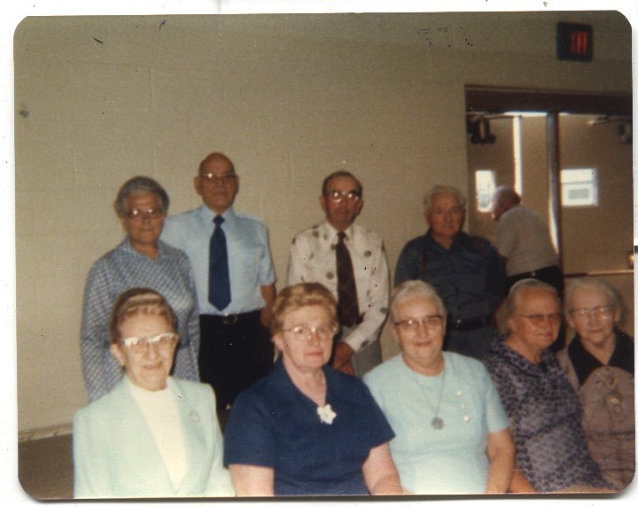 0707.jpg - Abraham Swartzendruber Reunion  1978Back:  Grace S. Rhodes, Emerson Swartzendruber, Joe Erb, Edgar Swartzendruber; Front:  Carry S. Shenk, Mary S. Stutzman, Ollie Blosser, Ethel Bender, ???