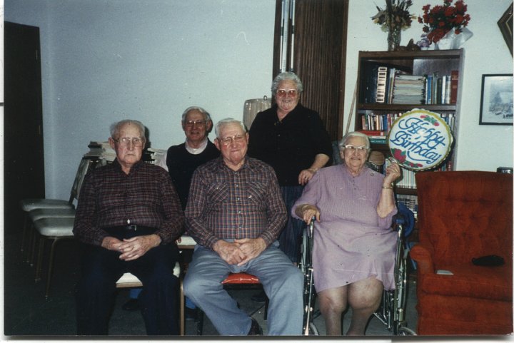 0723.jpg - Birthday party for Mary Swartzendruber:  Levi, Ray, Orie Roth, Helen Beachy, and Mary Swartzendruber  1994c