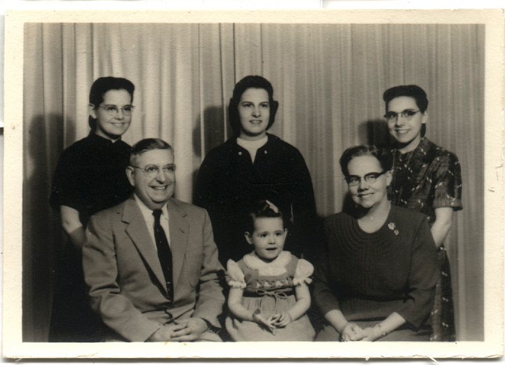 0756.jpg - John and Alice Reschly Family  1958c.  front:  John, Lois, Alice; back:  Linda, Jane, Jeanne Reschly