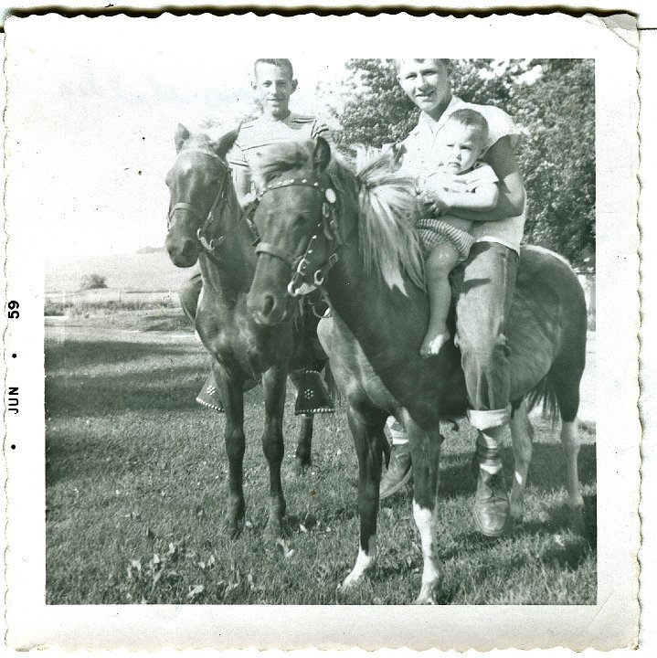 1087.jpg - Fred Roth, Stan Miller, Lamar Roth on horses.  1959