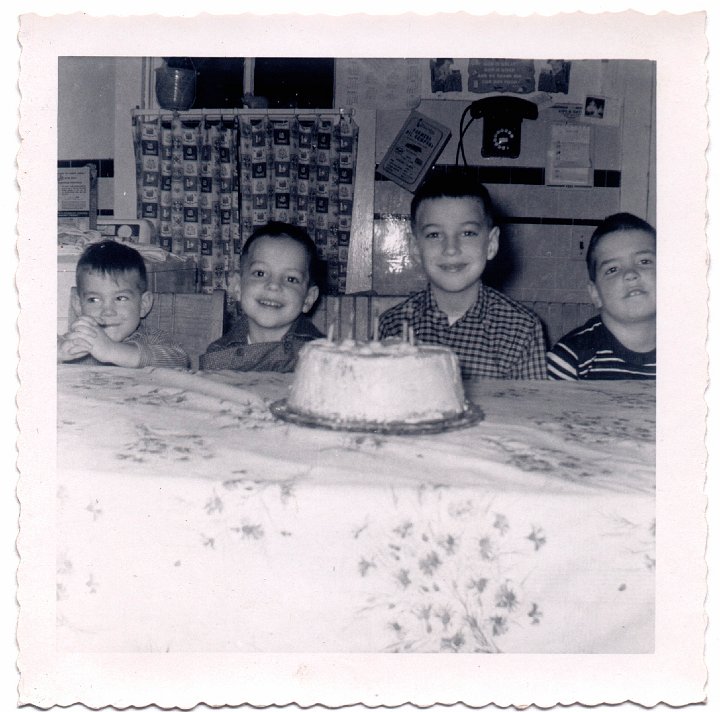 1591.jpg - Reynold's 5th Birthday. Jim Rebling, Reynolds Roth, Lynn Roth, Steve Rebling.  1959