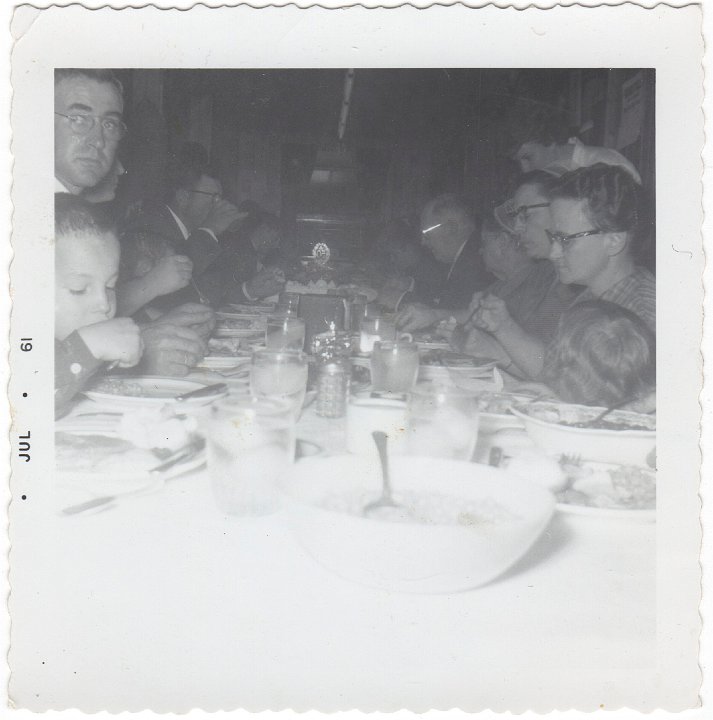 1863.jpg - 60th Anniversary for William & Katie Reschly at the Sail Inn, Wayland, IA  Reynolds, Ray Roth, Floyd Reschly, William, Katie Reschly, Ruth Kauffman, Irene Reschly.  1961