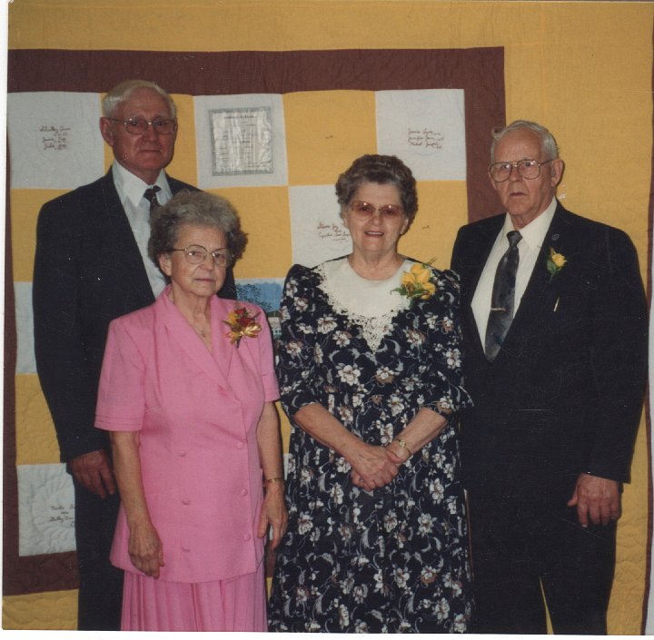 1990.jpg - Ray & Edna Roth, Alberta & Orval Miller.  Millers 50th Anniversary.  Orval & Edna are first cousins.