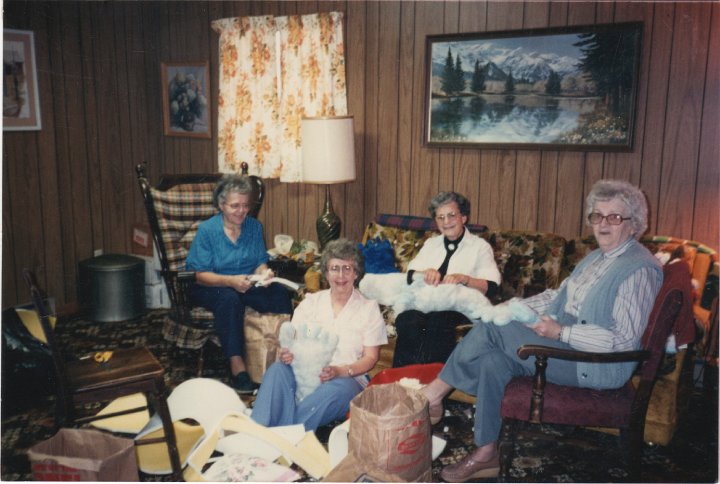 2011.jpg - Christmas time making stuffed foot pillows at Francis Hume's home with Mary Kay Gerig, Lourraine Jennings & Edna Roth.