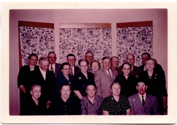 1484.jpg - Children & Spouses of Joseph & Anna Roth & Barbara Nebel  1960cStanding:  [forward] Amsa Miller, Anna, Joe, Ervin, Esther, Henry, Mable, Alice, John, William, Katie, Harris Boese, Elmer & Maggie Reschly.  Seated:  Katie Miller, Eva Boese, Emma Roth, Fannie, Harry Reschly.