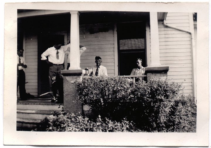 1607.jpg - Russell Kraybill, 2 unknown men, Orville Miller.  1935c  Brown Album