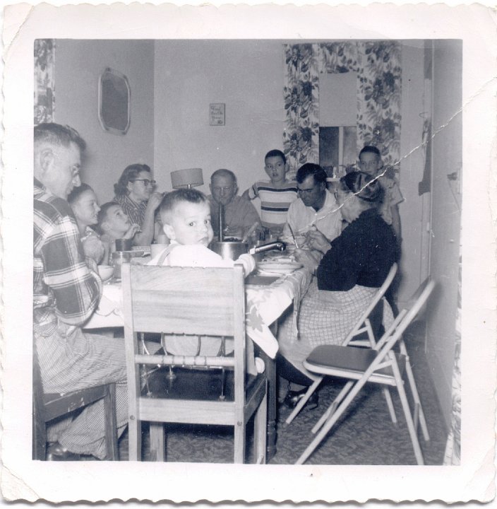 1676.jpg - Reynolds, Ray, Larry, Lynn Roth, Irene Pankoke, William Reschly, Dudley, Elgin Pankoke, Katie Reschly, Fred Roth.  1956c