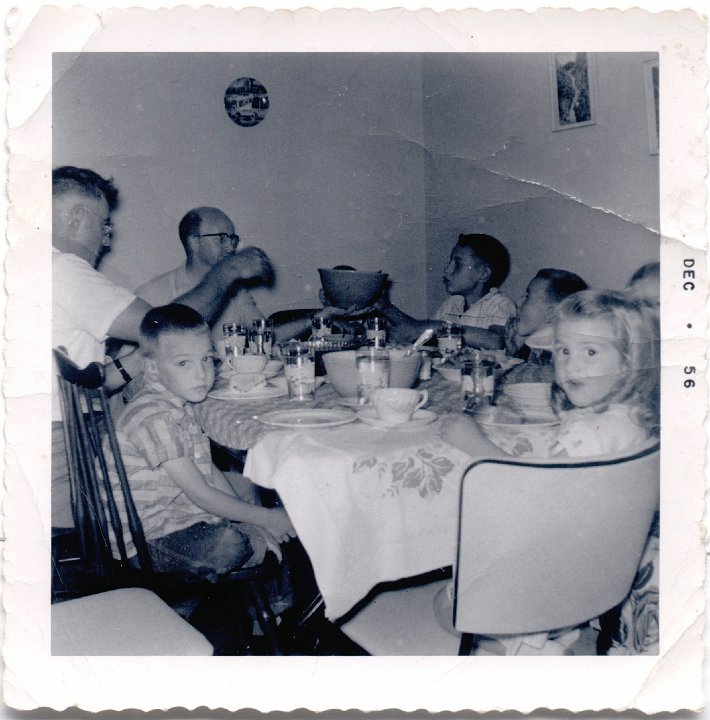 1732.jpg - Eating with Danny Widmers from Oregon.  1956  Lynn, Ray Roth, Daniel, Gaylord Widmer, Fred, Larry Roth, Judy & Lori Widmer.