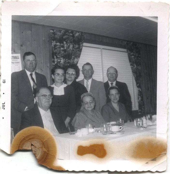 0322.jpg - Anniversary  Wm & Katie Reschly Family 1961:  front--Wm, Katie, Ruth; back--Floyd, Edna, Irene, Ralph, Harold