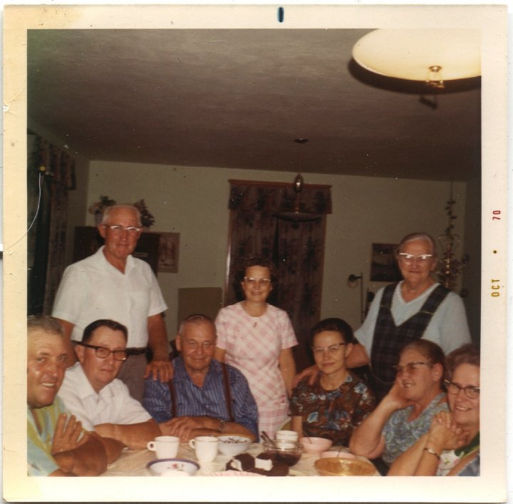 0685.jpg - Roth Gathering:  Orie Roth, Ivan Yoder, Levi Roth standing, Dan Roth, Edna Roth standing, Wilma Roth, Mary Swartzendruber standing, Helen Beachy, Elsie Yoder.  1970