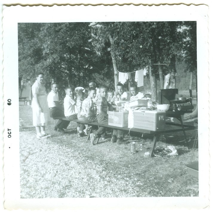 1062.jpg - Marjorie & Floyd Yoder, Ray, Lynn Roth, Caivin Yoder, Larry Roth, Galen, Curtis Yoder, Fred Roth, & Leland Yoder camping in the Ozarks.  1960