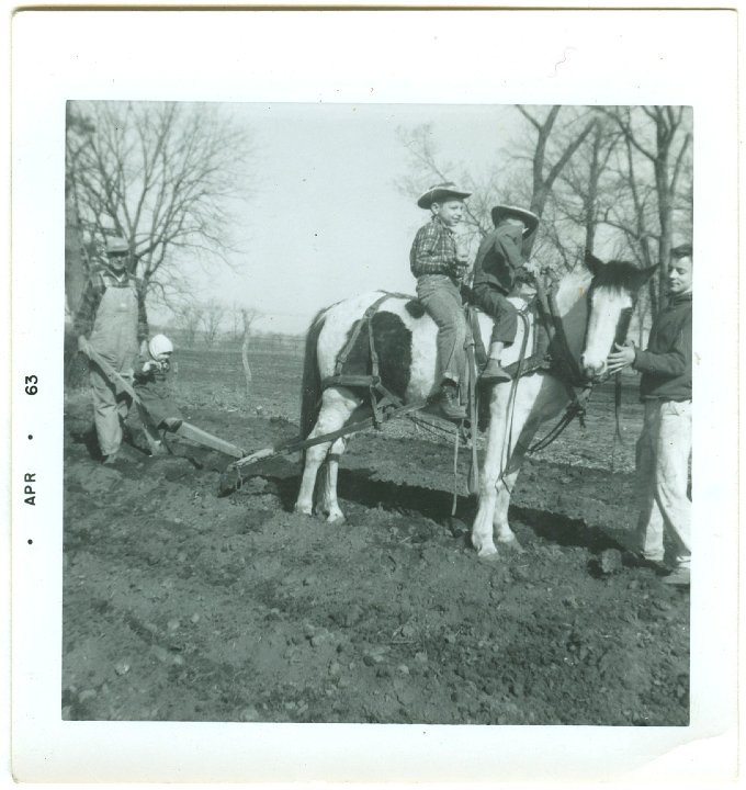 1143.jpg - Ray Roth, unknown,  [child on plow], Reynolds, Lamar [on horse] & Larry Roth planting potatoes.  1963   see #1151