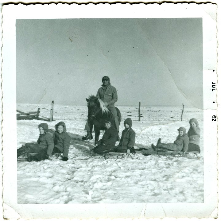 1162.jpg - Sledding:  Scott Wyse, ???, ???, ???, Lamar & Reynolds Roth, and Ray Roth on the pony.  1962