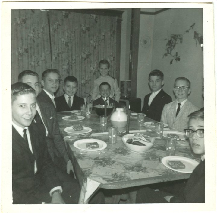 1225.jpg - Dean Boese, Larry Roth, Steve Decker, Tim Swiegart, Reynolds Roth, JoAnn Decker standing, Jim Decker, Keith Boese, Randy Sweigart.  1965c