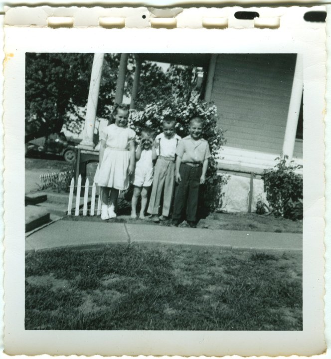 1250.jpg - Rozella Beachy, Lynn & Larry Roth, Roy Beachy.  1955  Taken at Beachy's house.