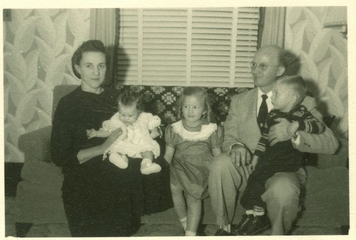 1320B.jpg - The Daniel & Grace Widmer Family of Salem, OR  1956c.  Left:  Grace, Ellen, Judy, Daniel, & Gaylord Widmer.    Daniel is a cousin of Ray Roth, a child [grandchild?] of an older half-sibling of Joseph J. Roth.