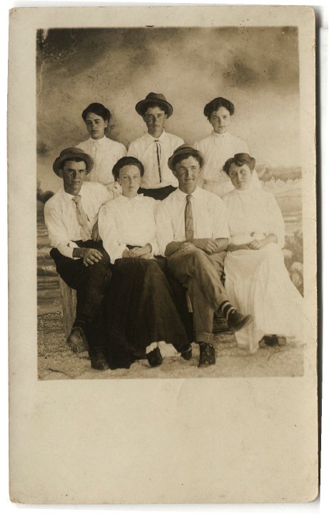 0791.jpg - Back:  Katie Swartzendruber, John Schrock, Ruth Swartzendruber; front:  ??, ??, ??, ??.  1910c