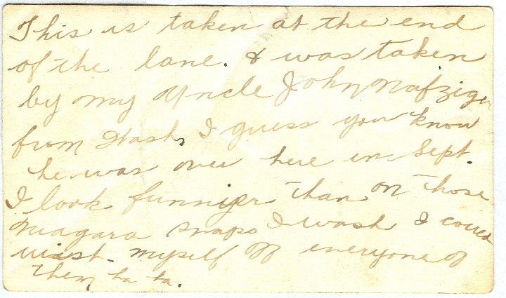 0874B.jpg - 'This is taken at the end of the lane.  and was taken by my Uncle john Nafziger from Wash, I guess you know he was over here ??? Sept.  I look funnier that on those Niagara snaps.  I wish i ??? ??? myself off everyone of them  ha ha.'  1921c