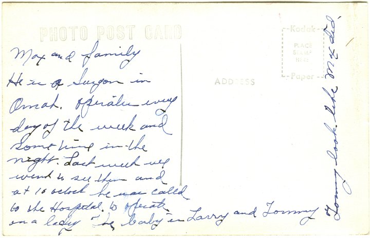 1342C.jpg - "Max and family.  He is a surgon in Omah.  Operates every day of the week and sometimes in the night.  Last wek we went to see them and at 10 o'clock he was called to the hostpital to operate on a lady.  The baby is Larry and Tommy.  Tommy looks like Max did."  Max, Tommy, Larry, & ??? ?????.  unknown.  1958c